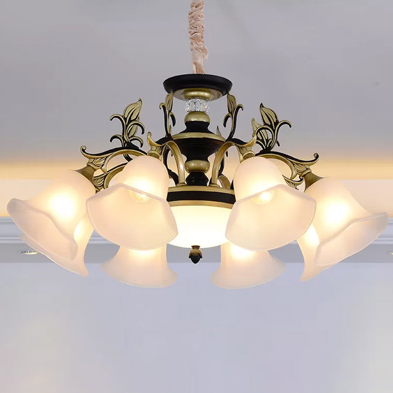 Bellflower Frosted White Glass Chandelier Farmhouse 3/6/12 Heads Living Room Hanging Light Fixture in Bronze 8 Bronze Clearhalo 'Ceiling Lights' 'Chandeliers' Lighting' options 1970902_faad5567-51af-4ae0-9acc-ce6fbc3f58bc