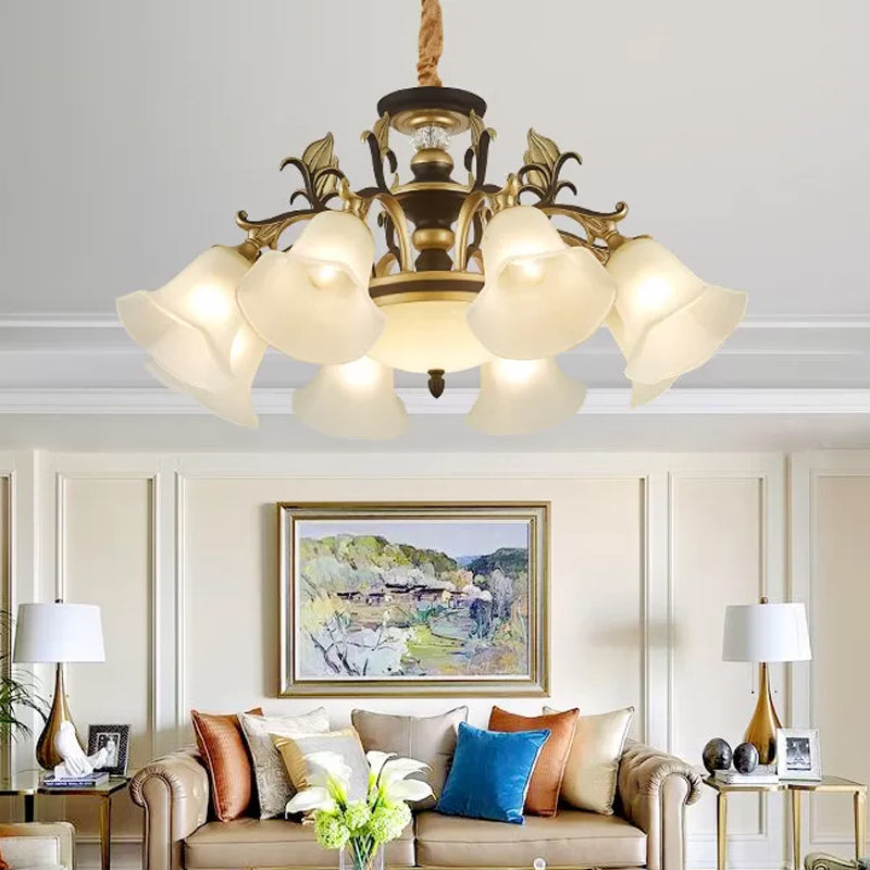 Bellflower Frosted White Glass Chandelier Farmhouse 3/6/12 Heads Living Room Hanging Light Fixture in Bronze Clearhalo 'Ceiling Lights' 'Chandeliers' Lighting' options 1970903