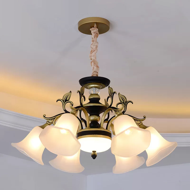 Bellflower Frosted White Glass Chandelier Farmhouse 3/6/12 Heads Living Room Hanging Light Fixture in Bronze 6 Bronze Clearhalo 'Ceiling Lights' 'Chandeliers' Lighting' options 1970911_792fe2bc-bd6a-4a30-b6c7-385346c51ae3