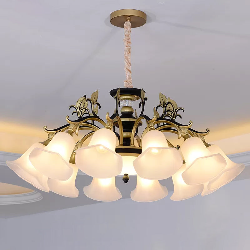 Bellflower Frosted White Glass Chandelier Farmhouse 3/6/12 Heads Living Room Hanging Light Fixture in Bronze Clearhalo 'Ceiling Lights' 'Chandeliers' Lighting' options 1970919