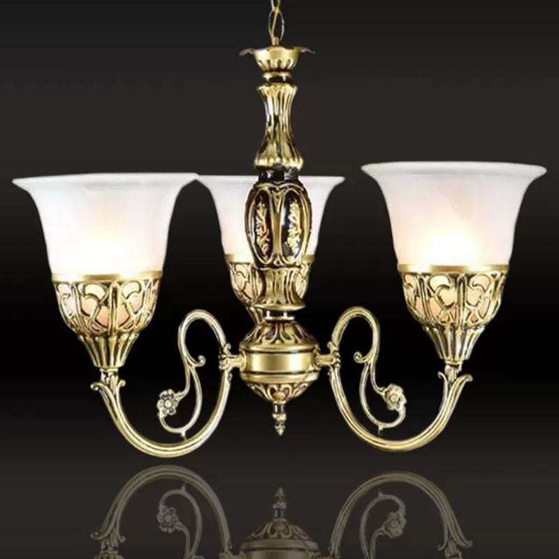 Bell Restaurant Chandelier Lamp Antique Opaline Glass 3-Head Bronze Finish Pendant Light Clearhalo 'Ceiling Lights' 'Chandeliers' Lighting' options 1970922