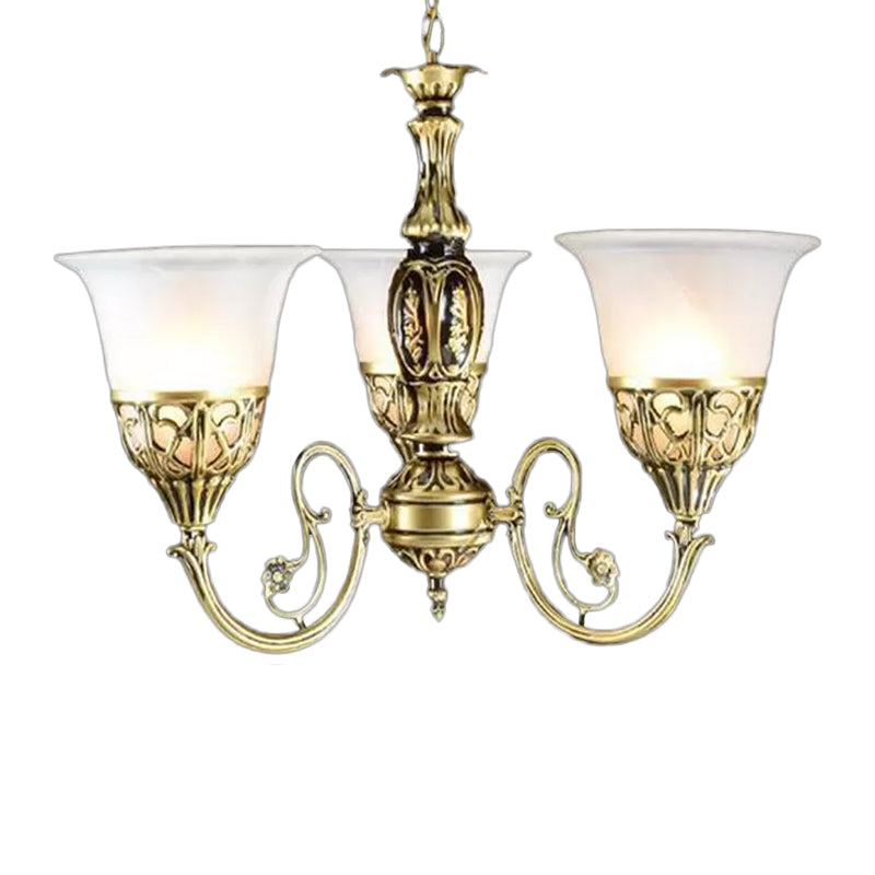 Bell Restaurant Chandelier Lamp Antique Opaline Glass 3-Head Bronze Finish Pendant Light Clearhalo 'Ceiling Lights' 'Chandeliers' Lighting' options 1970923