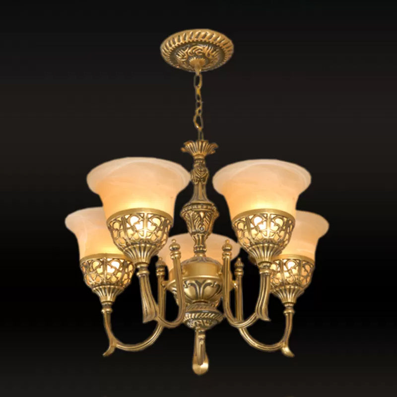 Bronze 5-Light Up Chandelier Antiqued Style Frosted Glass Flared Ceiling Hang Lamp Clearhalo 'Ceiling Lights' 'Chandeliers' Lighting' options 1970931