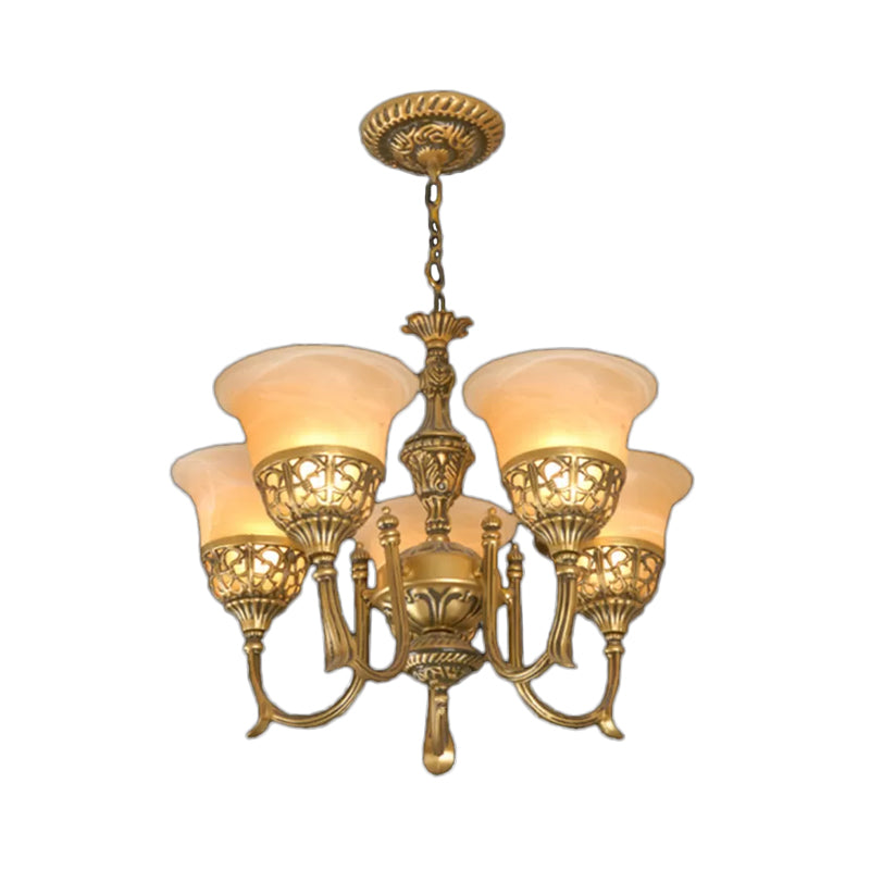 Bronze 5-Light Up Chandelier Antiqued Style Frosted Glass Flared Ceiling Hang Lamp Clearhalo 'Ceiling Lights' 'Chandeliers' Lighting' options 1970932