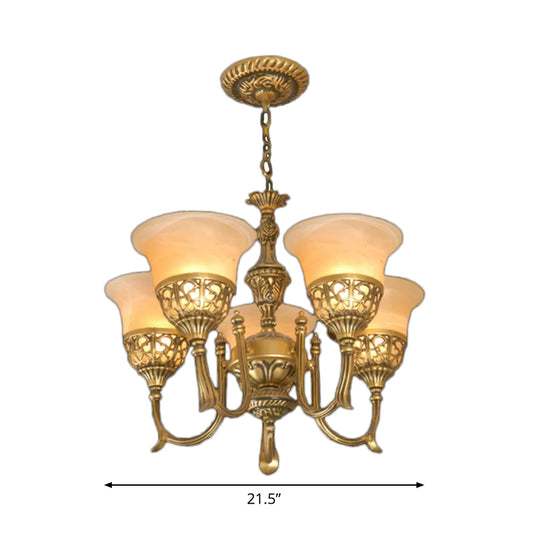 Bronze 5-Light Up Chandelier Antiqued Style Frosted Glass Flared Ceiling Hang Lamp Clearhalo 'Ceiling Lights' 'Chandeliers' Lighting' options 1970933