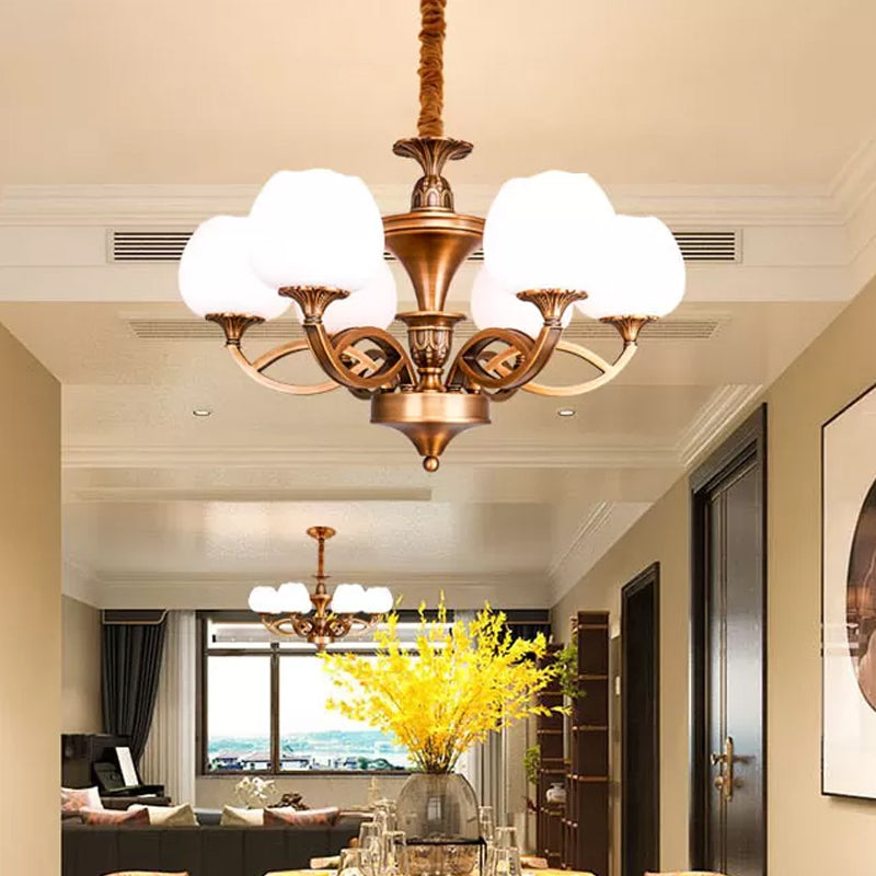 Flowerbud Living Room Ceiling Chandelier Traditional White Glass 3/6/8 Bulbs Brass Suspension Lamp 6 White Clearhalo 'Ceiling Lights' 'Chandeliers' Lighting' options 1970943_d585a9b9-abdf-412b-b54b-311f5f2f3189