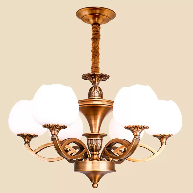 Flowerbud Living Room Ceiling Chandelier Traditional White Glass 3/6/8 Bulbs Brass Suspension Lamp Clearhalo 'Ceiling Lights' 'Chandeliers' Lighting' options 1970945