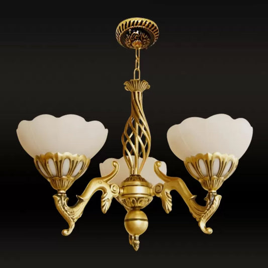 Gold 3 Heads Chandelier Lighting Traditional Ivory Glass Flower Hanging Light Fixture Clearhalo 'Ceiling Lights' 'Chandeliers' Lighting' options 1970951