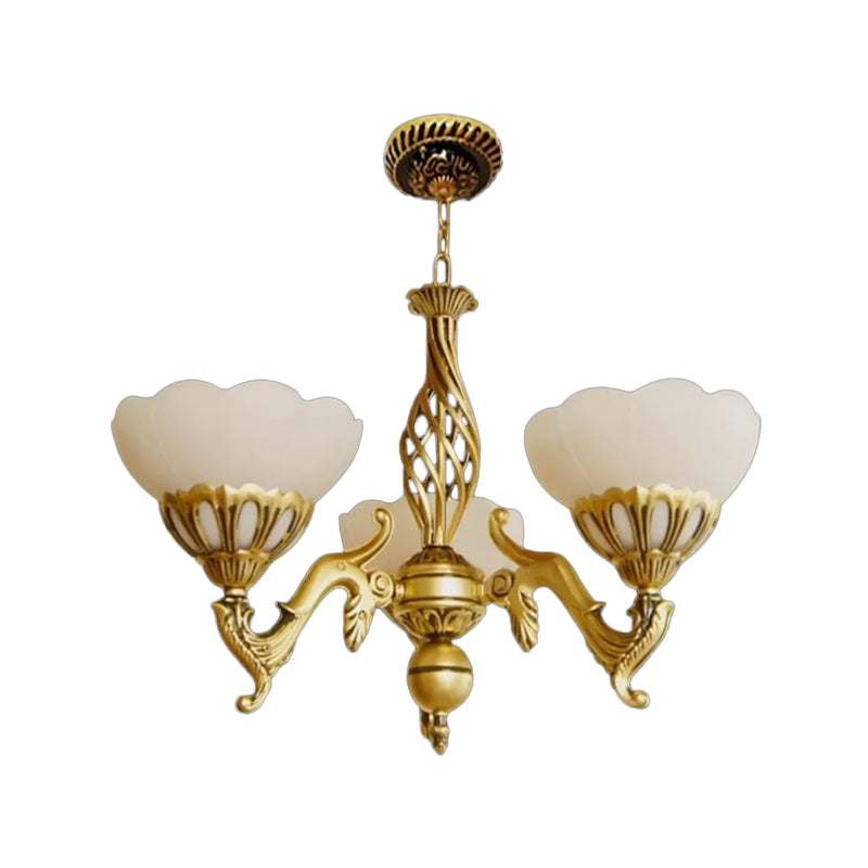 Gold 3 Heads Chandelier Lighting Traditional Ivory Glass Flower Hanging Light Fixture Clearhalo 'Ceiling Lights' 'Chandeliers' Lighting' options 1970952