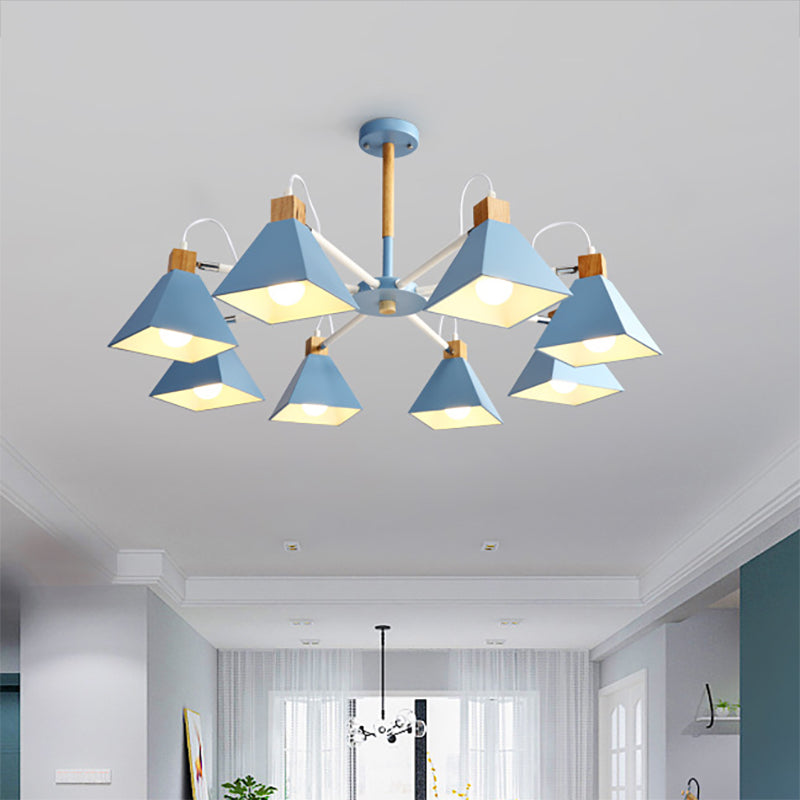 Undertint Pyramid Shade Chandelier Eight-Head Macaron Metal Hanging Light for Dining Room Blue Clearhalo 'Ceiling Lights' 'Chandeliers' Lighting' options 197099_cb04c2ad-97a9-402f-b79a-6d474b3653dc