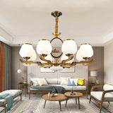 6 Lights Chandelier Lamp Traditional Dining Room Hanging Light with Bud White Glass Shade in Brass Clearhalo 'Ceiling Lights' 'Chandeliers' Lighting' options 1971002