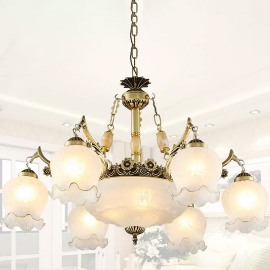 Traditional Floral Pendant Light Fixture 9-Bulb Frosted White Glass Chandelier Lamp in Bronze Clearhalo 'Ceiling Lights' 'Chandeliers' Lighting' options 1971065