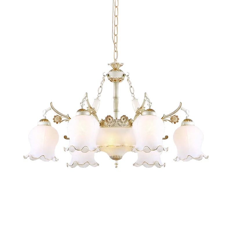 9 Heads Ivory Glass Pendant Lamp Traditional White/Bronze Flower Living Room Chandelier Light Clearhalo 'Ceiling Lights' 'Chandeliers' Lighting' options 1971070