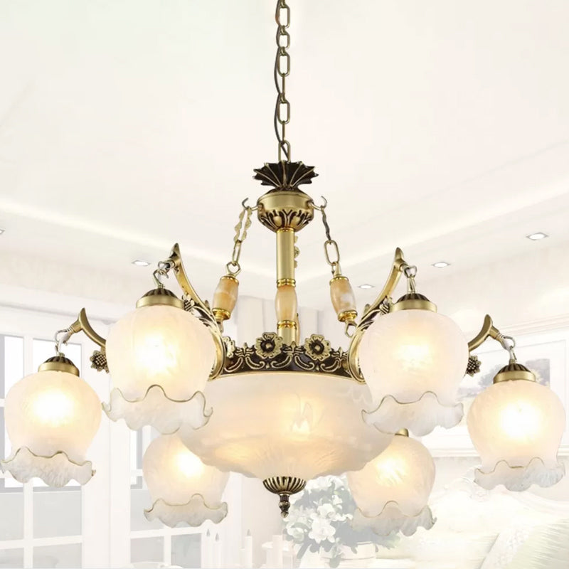 9 Heads Ivory Glass Pendant Lamp Traditional White/Bronze Flower Living Room Chandelier Light Bronze Clearhalo 'Ceiling Lights' 'Chandeliers' Lighting' options 1971073_ce300ab9-e8dd-4917-bf67-253e3dc2f5f4