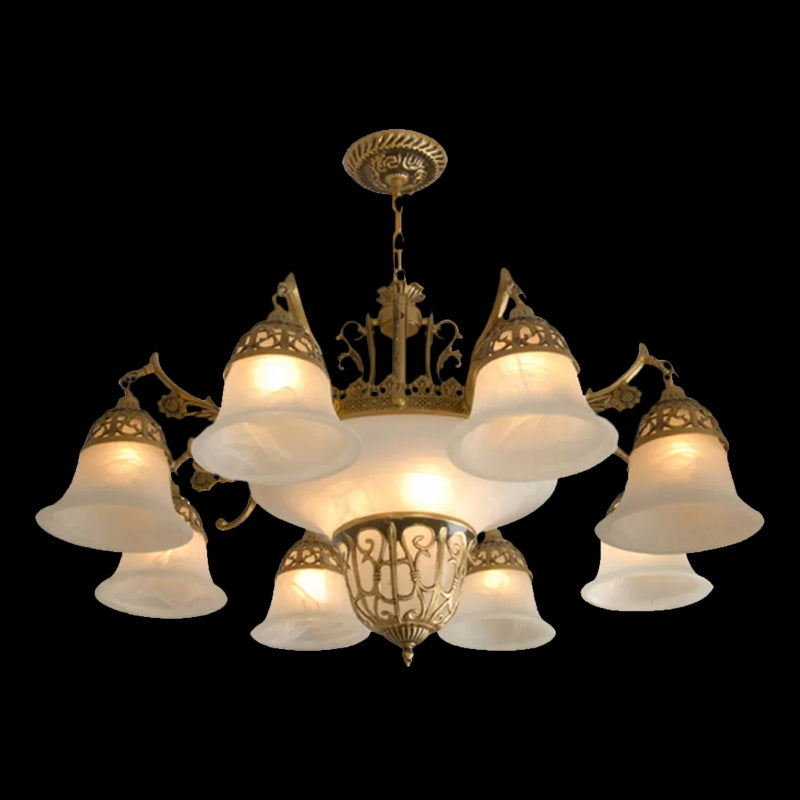 11 Bulbs Down Chandelier Retro Living Room Hanging Light Kit with Bell Alabaster Glass Shade in Bronze Clearhalo 'Ceiling Lights' 'Chandeliers' Lighting' options 1971079