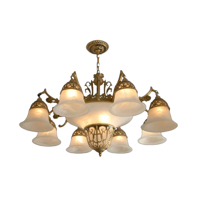 11 Bulbs Down Chandelier Retro Living Room Hanging Light Kit with Bell Alabaster Glass Shade in Bronze Clearhalo 'Ceiling Lights' 'Chandeliers' Lighting' options 1971080