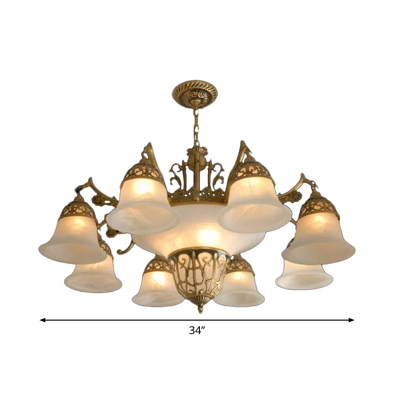 11 Bulbs Down Chandelier Retro Living Room Hanging Light Kit with Bell Alabaster Glass Shade in Bronze Clearhalo 'Ceiling Lights' 'Chandeliers' Lighting' options 1971081