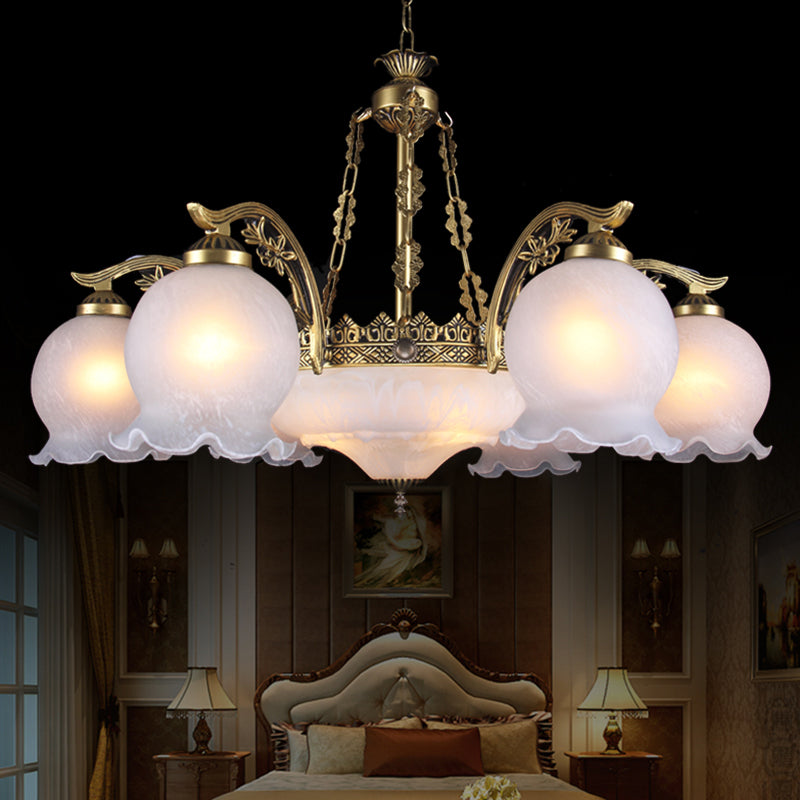 9 Lights Half-Bloom Ceiling Chandelier Rustic Brass White Glass Hanging Pendant Light Clearhalo 'Ceiling Lights' 'Chandeliers' Lighting' options 1971082