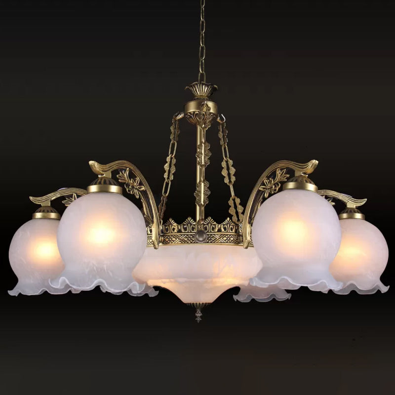 9 Lights Half-Bloom Ceiling Chandelier Rustic Brass White Glass Hanging Pendant Light Clearhalo 'Ceiling Lights' 'Chandeliers' Lighting' options 1971083