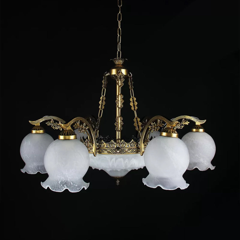 9 Lights Half-Bloom Ceiling Chandelier Rustic Brass White Glass Hanging Pendant Light Clearhalo 'Ceiling Lights' 'Chandeliers' Lighting' options 1971085