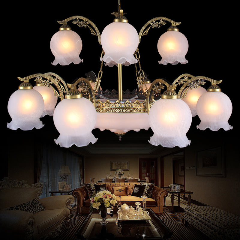 15 Heads Chandelier Lighting Traditional Tiered Flowerbud Opal Frosted Glass Pendant Light in Bronze Clearhalo 'Ceiling Lights' 'Chandeliers' Lighting' options 1971087