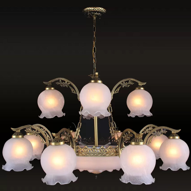 15 Heads Chandelier Lighting Traditional Tiered Flowerbud Opal Frosted Glass Pendant Light in Bronze Clearhalo 'Ceiling Lights' 'Chandeliers' Lighting' options 1971088