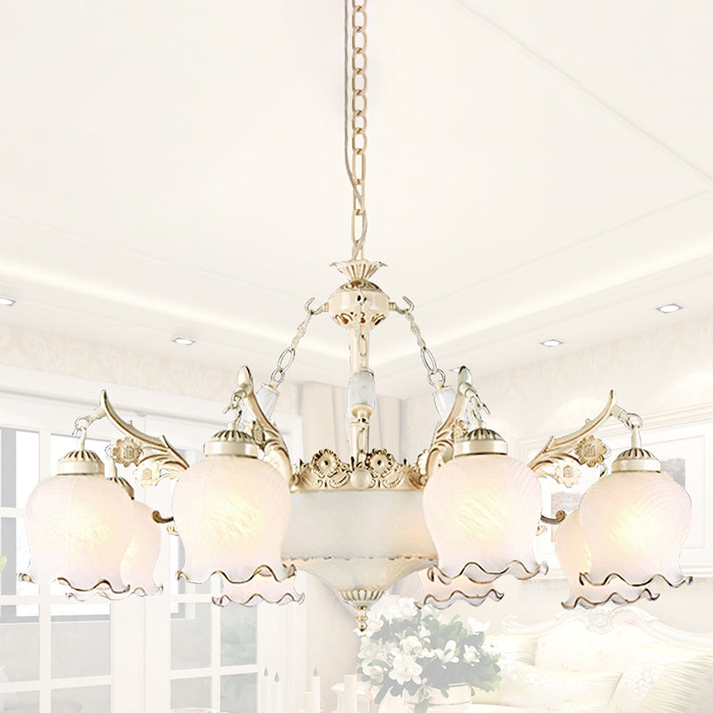 Flower Bud Shaped Dining Room Drop Lamp Traditional White Glass 11 Lights Brass Chandelier Clearhalo 'Ceiling Lights' 'Chandeliers' Lighting' options 1971096