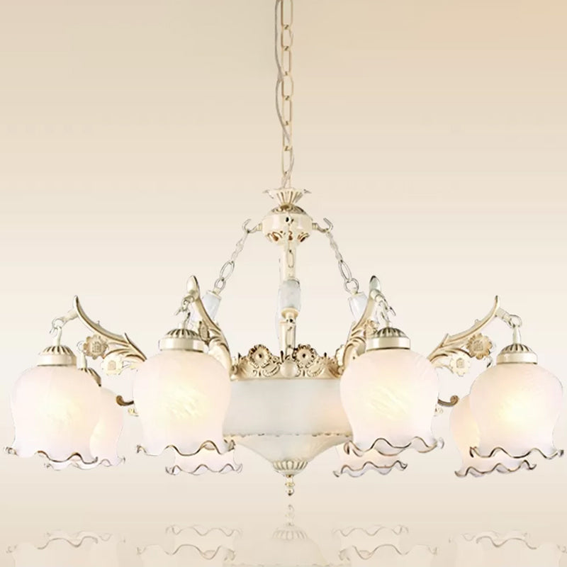 Flower Bud Shaped Dining Room Drop Lamp Traditional White Glass 11 Lights Brass Chandelier Clearhalo 'Ceiling Lights' 'Chandeliers' Lighting' options 1971097