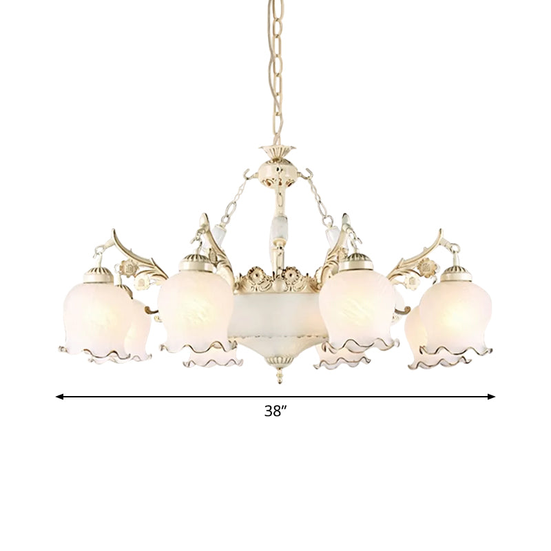 Flower Bud Shaped Dining Room Drop Lamp Traditional White Glass 11 Lights Brass Chandelier Clearhalo 'Ceiling Lights' 'Chandeliers' Lighting' options 1971099