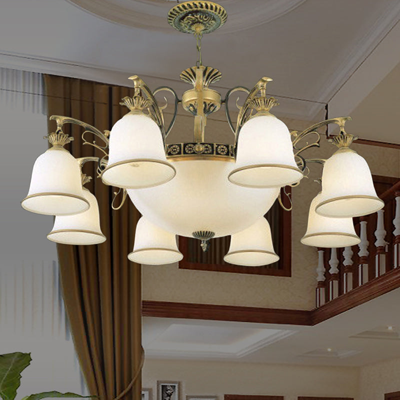 Rustic Carillon Chandelier Lighting 11 Heads White Glass Suspended Lighting Fixture in Brass White Clearhalo 'Ceiling Lights' 'Chandeliers' Lighting' options 1971100_ec5adb92-5ebd-4eb0-8f29-5167387e67ba