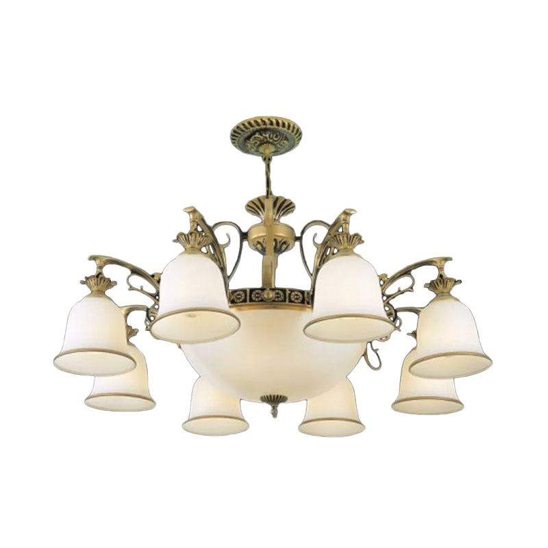 Rustic Carillon Chandelier Lighting 11 Heads White Glass Suspended Lighting Fixture in Brass Clearhalo 'Ceiling Lights' 'Chandeliers' Lighting' options 1971103