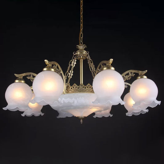 11-Bulb Ruffled Down Chandelier Farmhouse Bronze White Glass Hanging Ceiling Light Clearhalo 'Ceiling Lights' 'Chandeliers' Lighting' options 1971105