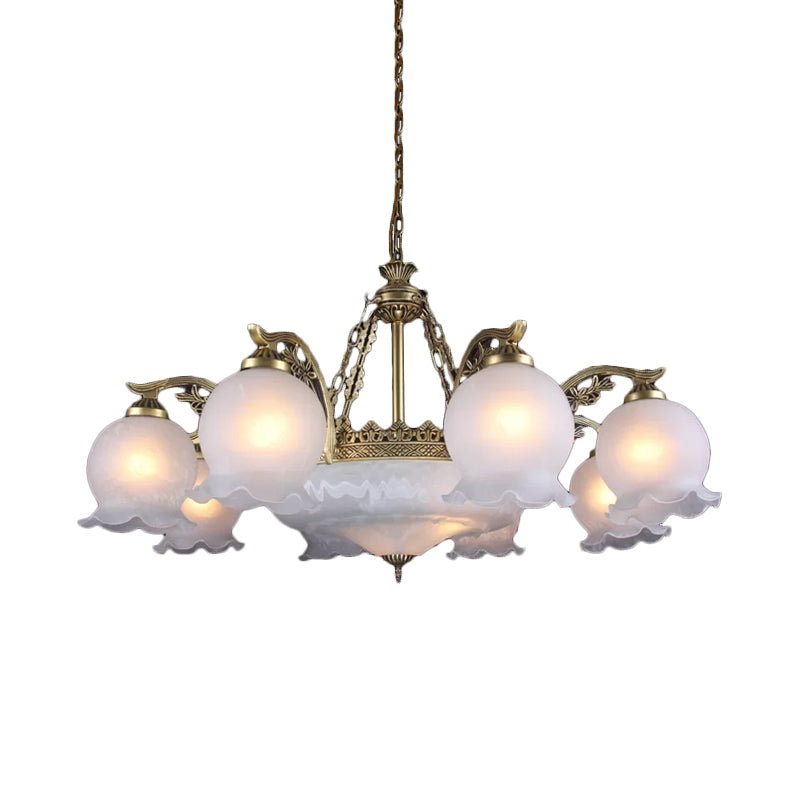 11-Bulb Ruffled Down Chandelier Farmhouse Bronze White Glass Hanging Ceiling Light Clearhalo 'Ceiling Lights' 'Chandeliers' Lighting' options 1971107