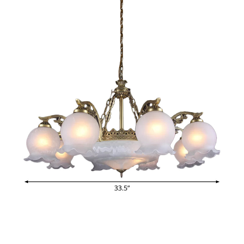 11-Bulb Ruffled Down Chandelier Farmhouse Bronze White Glass Hanging Ceiling Light Clearhalo 'Ceiling Lights' 'Chandeliers' Lighting' options 1971108