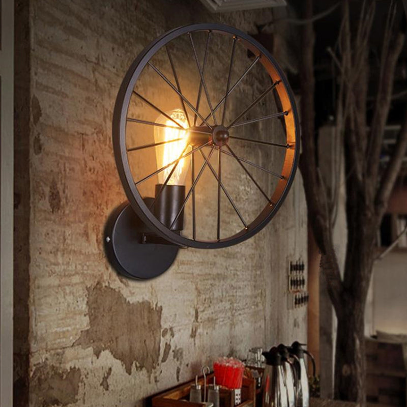 Wheel Dining Room Wall Light Fixture Farmhouse Iron 1 Head Black Wall Mounted Lamp Black Clearhalo 'Art deco wall lights' 'Cast Iron' 'Glass' 'Industrial wall lights' 'Industrial' 'Middle century wall lights' 'Modern' 'Rustic wall lights' 'Tiffany' 'Traditional wall lights' 'Wall Lamps & Sconces' 'Wall Lights' Lighting' 1971225