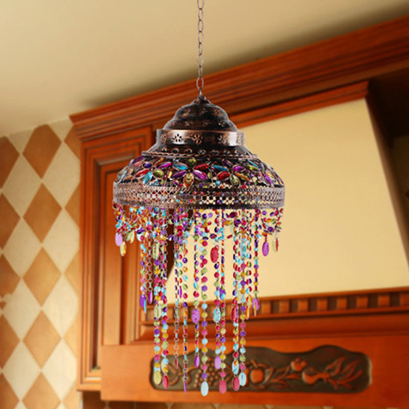 Bowl Dining Room Down Lighting Pendant Boho Stained Glass 1-Light Copper Hanging Lamp with Beaded Drape Clearhalo 'Ceiling Lights' 'Pendant Lights' 'Pendants' Lighting' 1971231