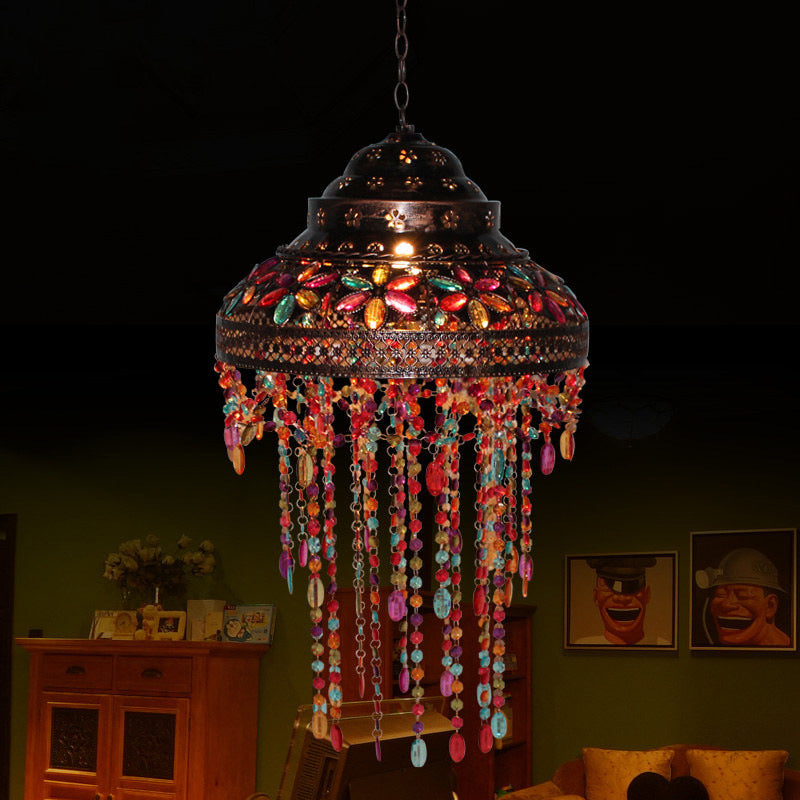 Bowl Dining Room Down Lighting Pendant Boho Stained Glass 1-Light Copper Hanging Lamp with Beaded Drape Clearhalo 'Ceiling Lights' 'Pendant Lights' 'Pendants' Lighting' 1971232