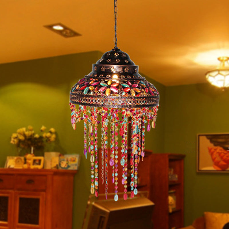 Bowl Dining Room Down Lighting Pendant Boho Stained Glass 1-Light Copper Hanging Lamp with Beaded Drape Clearhalo 'Ceiling Lights' 'Pendant Lights' 'Pendants' Lighting' 1971233