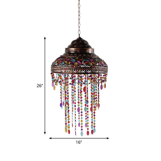 Bowl Dining Room Down Lighting Pendant Boho Stained Glass 1-Light Copper Hanging Lamp with Beaded Drape Clearhalo 'Ceiling Lights' 'Pendant Lights' 'Pendants' Lighting' 1971235