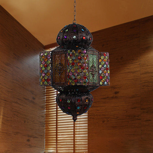 Moroccan Lantern Hanging Light Kit Handcrafted Stained Glass 1 Bulb Suspension Pendant in Copper Clearhalo 'Ceiling Lights' 'Pendant Lights' 'Pendants' Lighting' 1971236