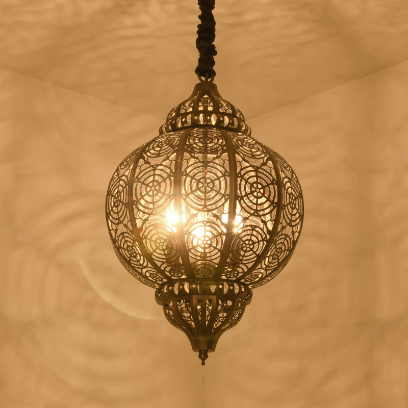 Bronze Globe Ceiling Hanging Lantern Turkish Iron 3-Light Restaurant Hollowed out Chandelier Lamp Clearhalo 'Ceiling Lights' 'Pendant Lights' 'Pendants' Lighting' 1971243