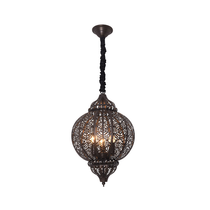 Bronze Globe Ceiling Hanging Lantern Turkish Iron 3-Light Restaurant Hollowed out Chandelier Lamp Clearhalo 'Ceiling Lights' 'Pendant Lights' 'Pendants' Lighting' 1971244