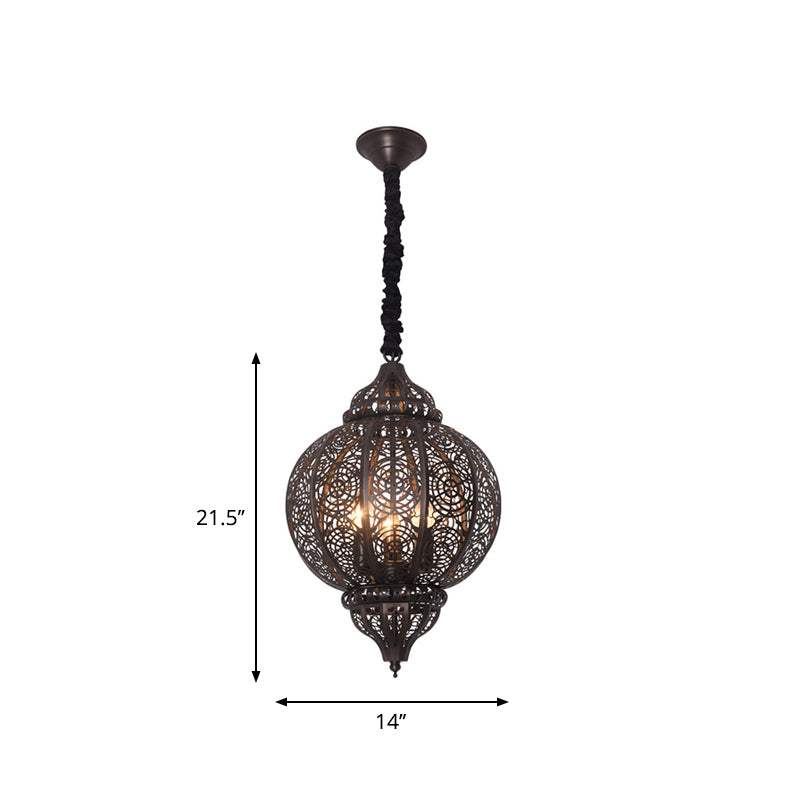 Bronze Globe Ceiling Hanging Lantern Turkish Iron 3-Light Restaurant Hollowed out Chandelier Lamp Clearhalo 'Ceiling Lights' 'Pendant Lights' 'Pendants' Lighting' 1971245