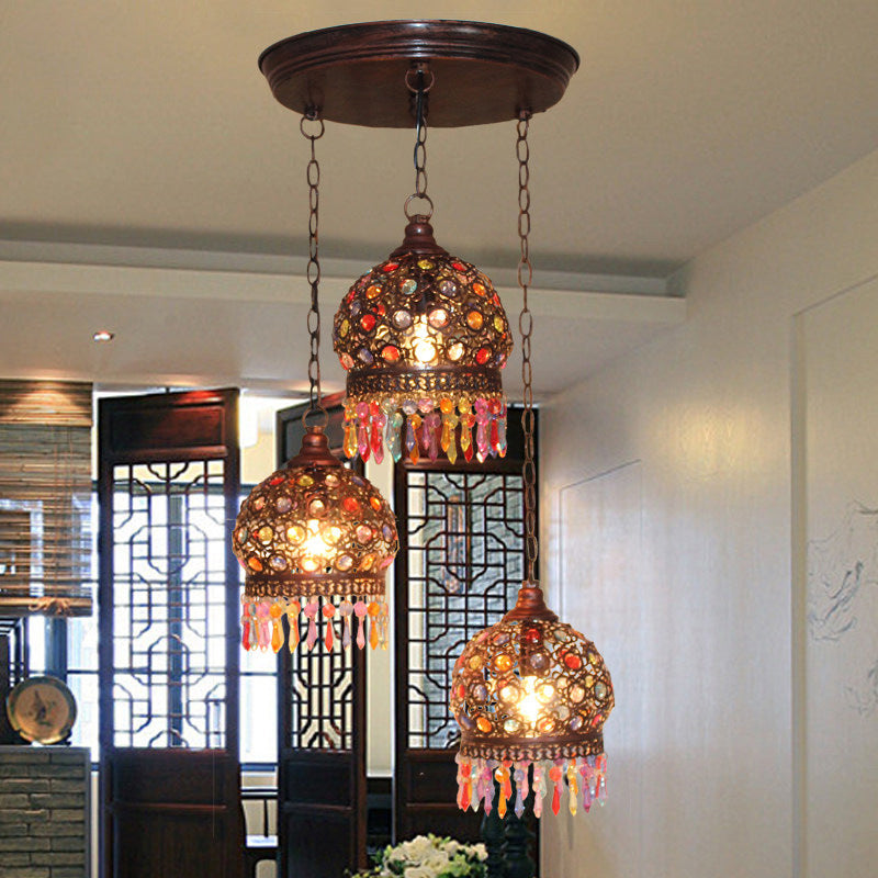 3 Bulbs Cluster Pendant Light Bohemia Hollowed-out Dome Stained Glass Hanging Light with Fringe in Copper, Round/Linear Canopy Clearhalo 'Ceiling Lights' 'Pendant Lights' 'Pendants' Lighting' 1971262