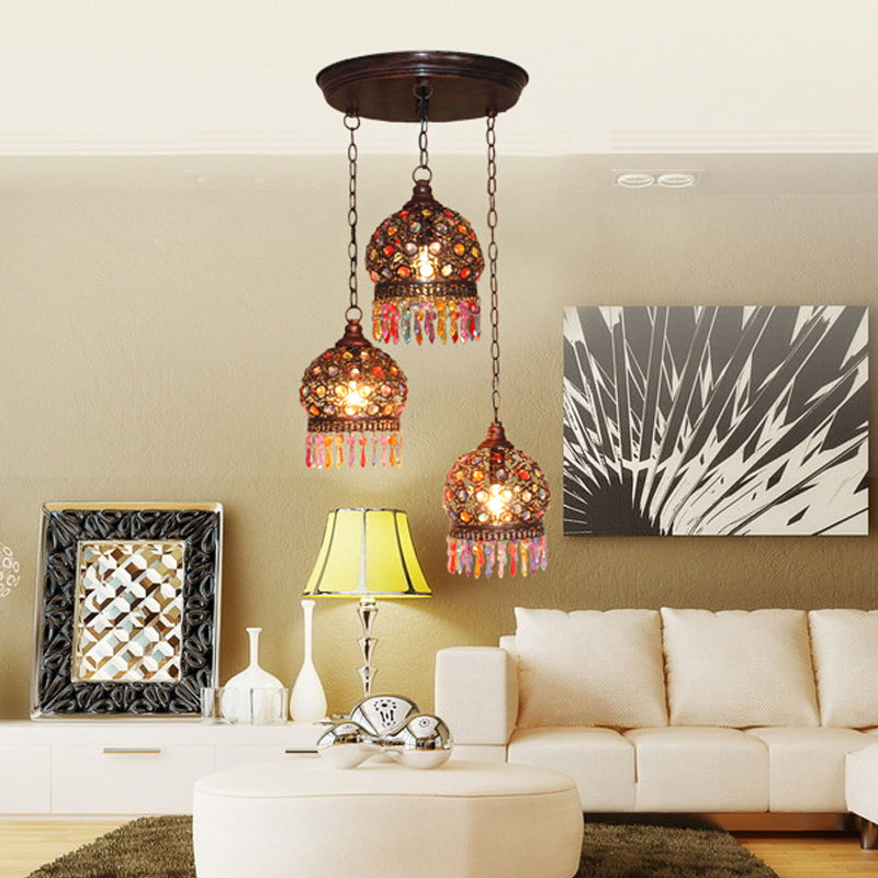 3 Bulbs Cluster Pendant Light Bohemia Hollowed-out Dome Stained Glass Hanging Light with Fringe in Copper, Round/Linear Canopy Clearhalo 'Ceiling Lights' 'Pendant Lights' 'Pendants' Lighting' 1971264