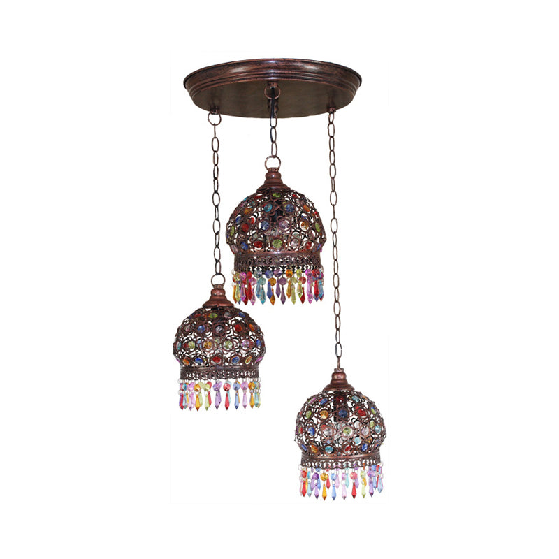 3 Bulbs Cluster Pendant Light Bohemia Hollowed-out Dome Stained Glass Hanging Light with Fringe in Copper, Round/Linear Canopy Clearhalo 'Ceiling Lights' 'Pendant Lights' 'Pendants' Lighting' 1971265