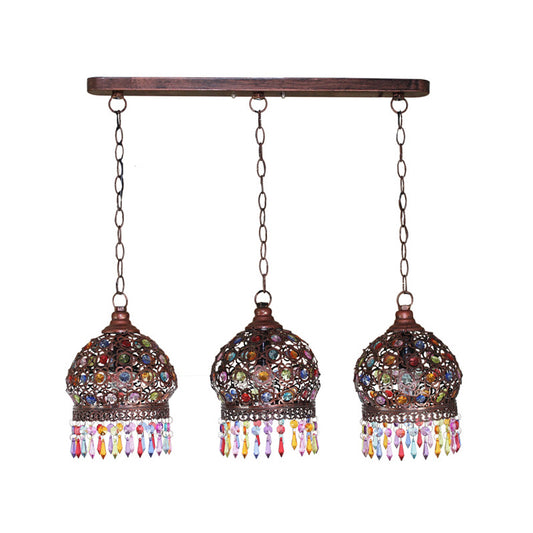 3 Bulbs Cluster Pendant Light Bohemia Hollowed-out Dome Stained Glass Hanging Light with Fringe in Copper, Round/Linear Canopy Clearhalo 'Ceiling Lights' 'Pendant Lights' 'Pendants' Lighting' 1971268