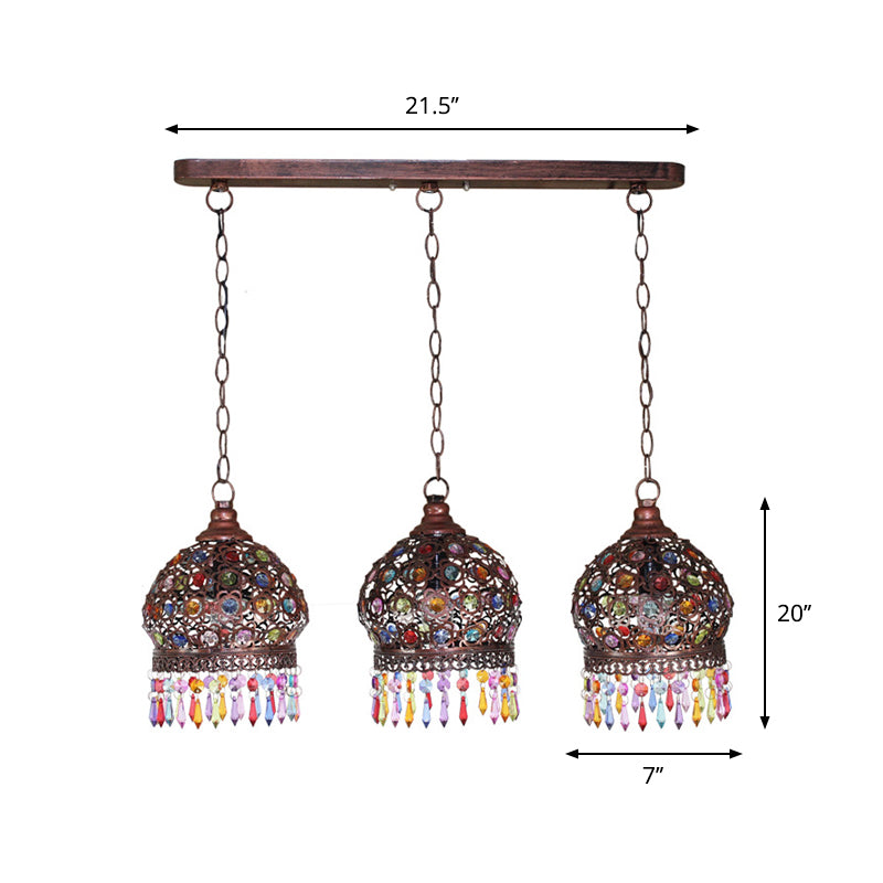 3 Bulbs Cluster Pendant Light Bohemia Hollowed-out Dome Stained Glass Hanging Light with Fringe in Copper, Round/Linear Canopy Clearhalo 'Ceiling Lights' 'Pendant Lights' 'Pendants' Lighting' 1971269