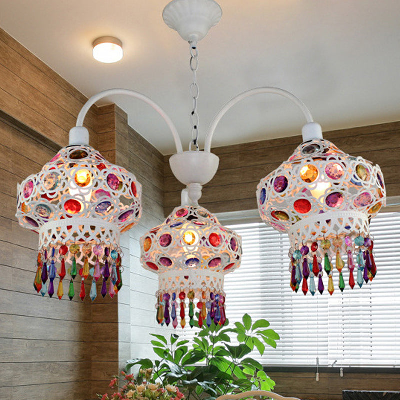 3-Head Beaded Lantern Chandelier Turkish White/Red Acrylic Hollowed-out Hanging Ceiling Light for Dining Room Clearhalo 'Ceiling Lights' 'Chandeliers' Lighting' options 1971415