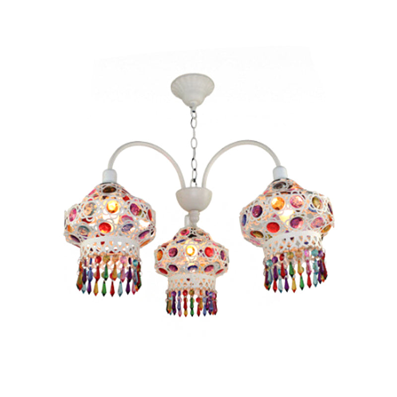 3-Head Beaded Lantern Chandelier Turkish White/Red Acrylic Hollowed-out Hanging Ceiling Light for Dining Room Clearhalo 'Ceiling Lights' 'Chandeliers' Lighting' options 1971417